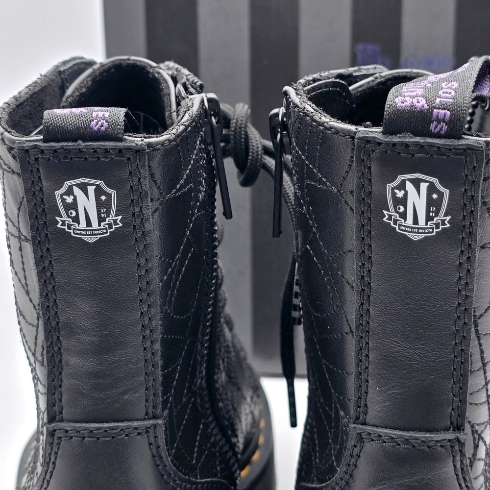 Dr. Martens Jadon Wednesday Addams Boots Womens 7 Black Spiderweb Nappa Lux New - Picture 8 of 15